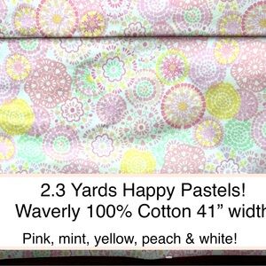 3 YARDS Waverl🌸⚪️pink,white & pastels screen print Floral Fabric 💯% COTTON! 41”W